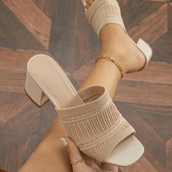 Women Minimalist Mule Sandals, Fabric Chunky Heeled Elegant Sandals - Picture 1 of 6